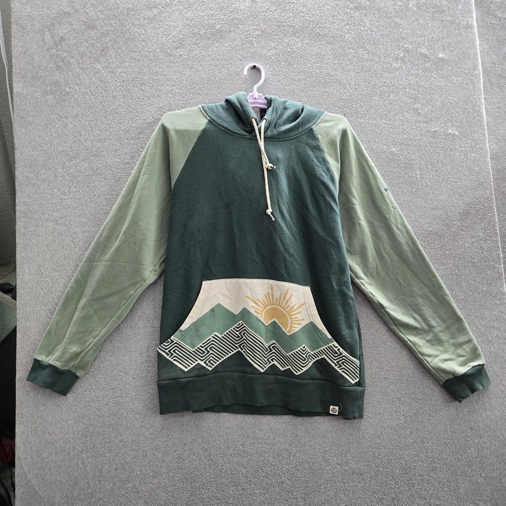 Happy Earth Men Hoodie XL Green Graphic Fleece Sun Mountains Activewear READ